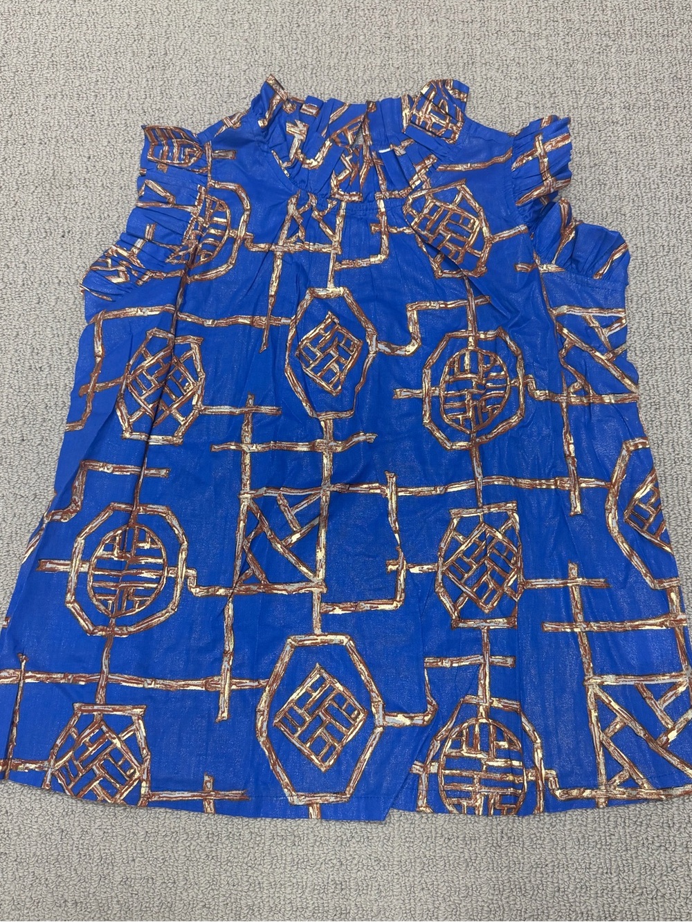 Jude Connally Blue Top with Metallic Gold Geometric Print